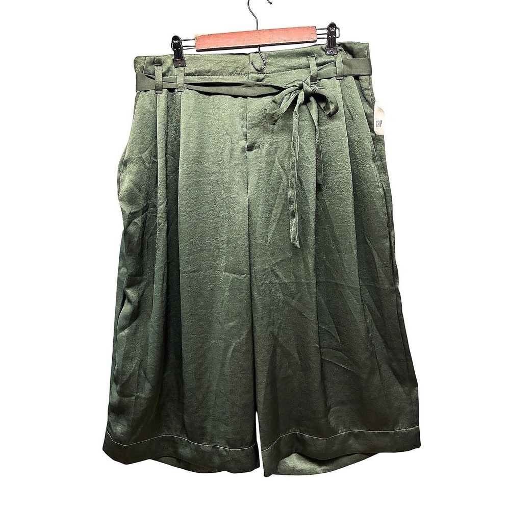 GAP Belted Wide Leg Satin Pants Womens 18 Olive Green Pleated Casual NWT
